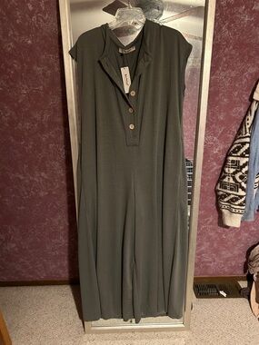 Three bird nest Casual Olive Green Wide-Leg Jumpsuit with Button Placket